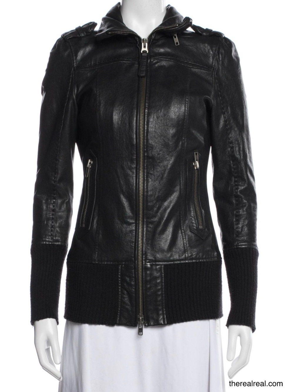 Mackage Black Leather Zip-Up Jacket with Rib Trim
